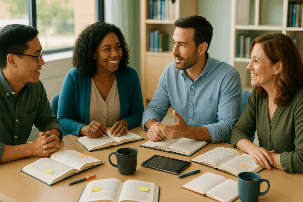 A diverse group of four educators sit around a table in a sunlit classroom or library, actively discussing with open books, tablets, notebooks, sticky notes, pens, highlighters, and coffee cups spread across the table.