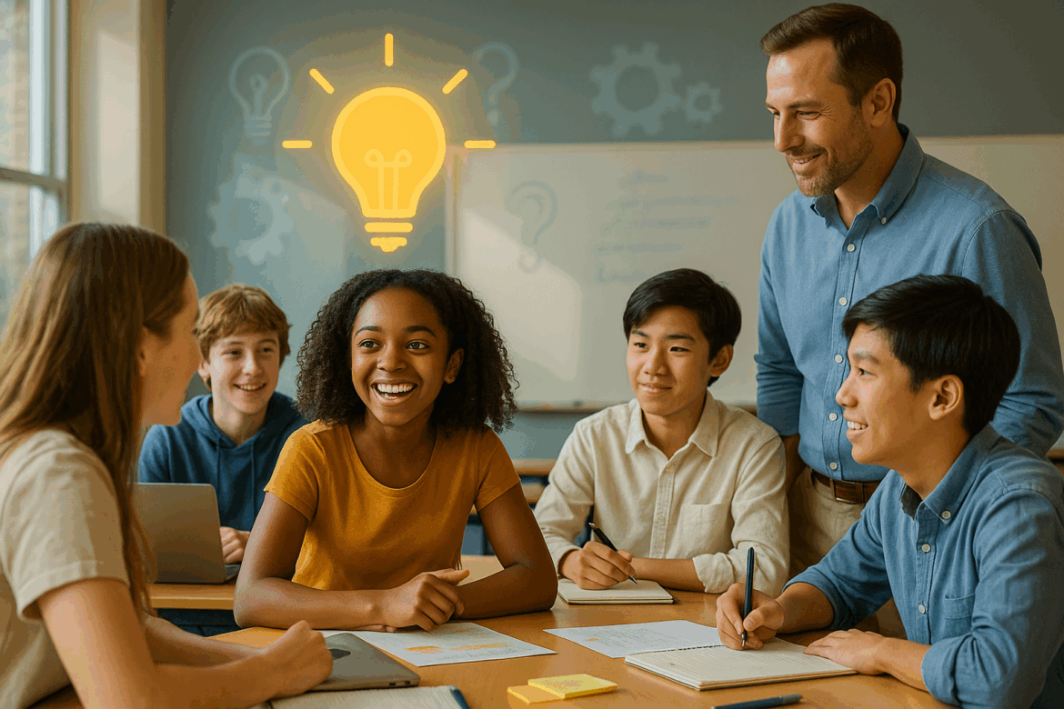 Engaged Middle School Learners in Action Photo-realistic image of a middle school classroom where a smiling African American girl leads a group discussion. Her classmates and teacher attentively look toward her as lightbulb and gear icons subtly glow on a blurred classroom background, symbolizing creative thinking and collaboration.