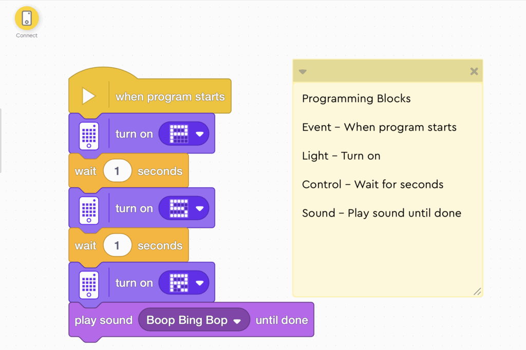 A block-based code sequence begins with "when program starts" and includes light commands, timed waits, and a final sound block labeled "Boop Bing Bop", accompanied by a yellow reference guide explaining programming blocks.