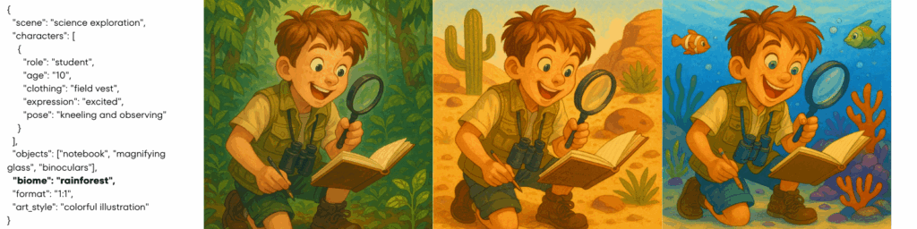 Three colorful illustrations show a young student in a field vest kneeling and exploring different biomes—rainforest, desert, and ocean—using a notebook and magnifying glass, with binoculars around his neck.