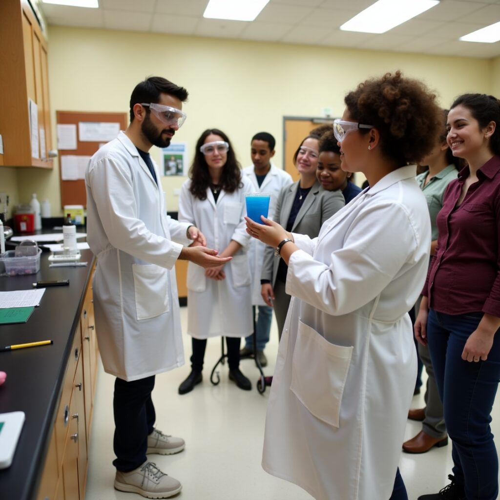 A group of students and an instructor in a science lab, wearing lab coats and goggles, observe a student holding a beaker filled with a vibrant blue liquid.