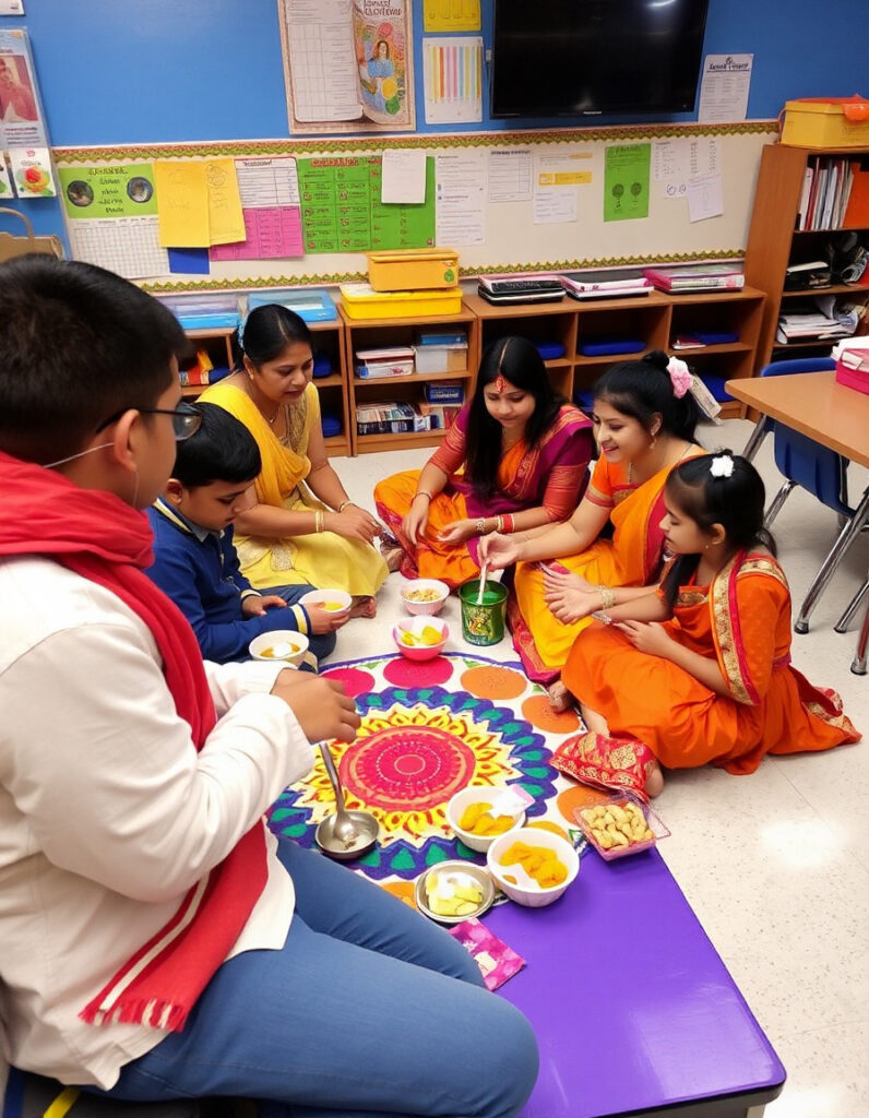 A group of children and adults dressed in traditional Indian clothing sit around a vibrant rangoli design in a classroom, sharing festive food in celebration.