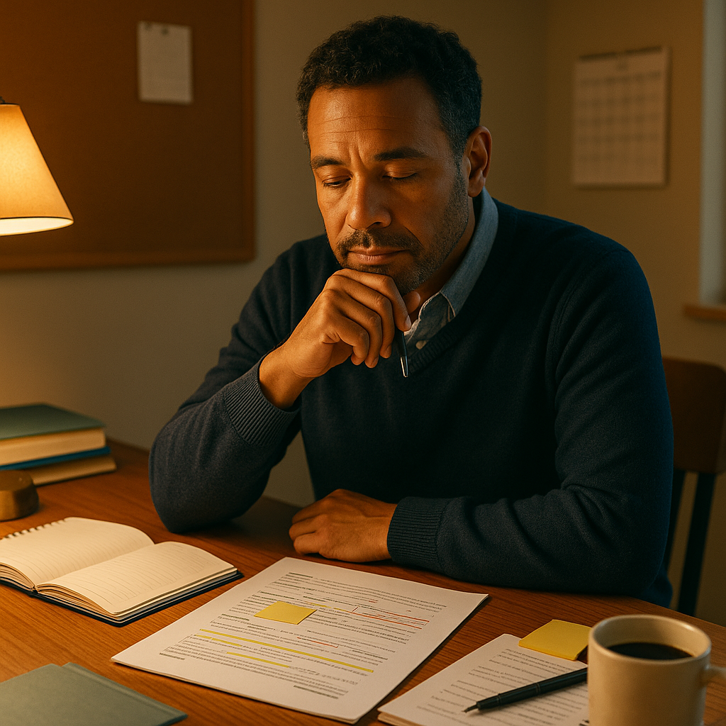A middle-aged male teacher sits at a wooden desk under warm lamp light, thoughtfully reviewing lesson plans marked with highlights, sticky notes, and revisions. Open notebooks and a cup of coffee are nearby, emphasizing a focused moment of preparation.
