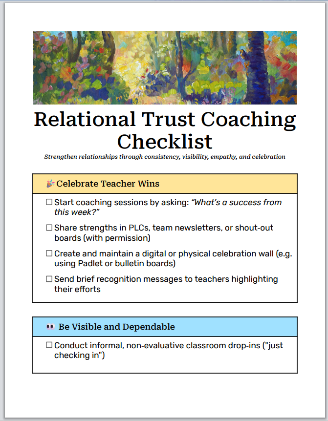 A colorful coaching checklist document titled "Relational Trust Coaching Checklist" with sections on celebrating teacher wins and being visible and dependable, set beneath a vibrant impressionist painting of a forest.