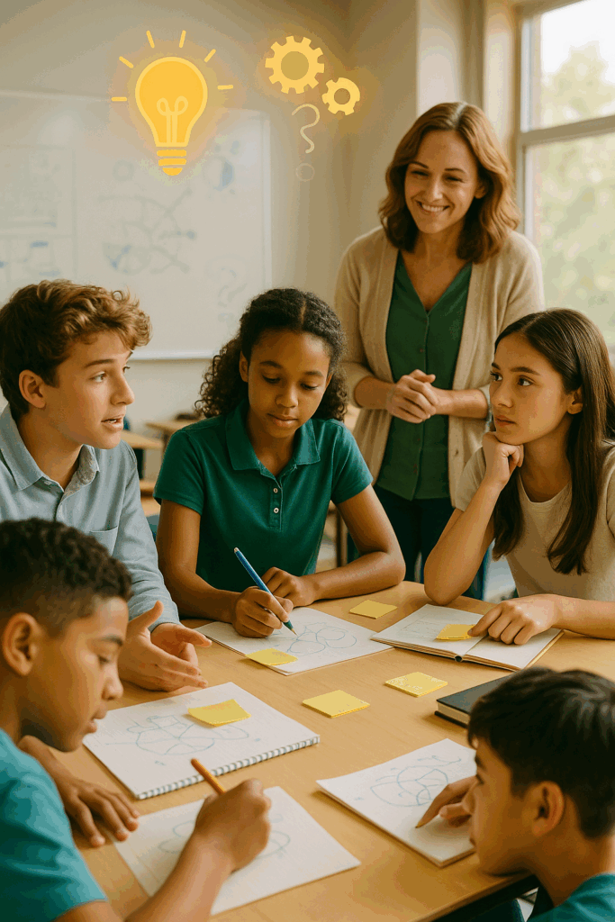 Photo of a diverse group of middle school students in a modern, naturally lit classroom actively sketching ideas, discussing in small groups, and organizing thoughts with sticky notes, while a smiling teacher facilitates nearby. Lightbulbs, gears, and a question mark are subtly overlaid to symbolize cognitive engagement.