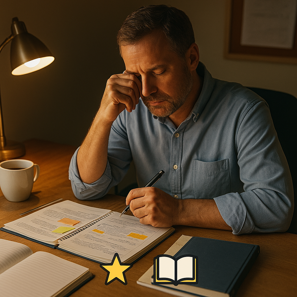 A teacher sits alone at a wooden desk under a warm lamp, reviewing lesson plans marked with highlights and sticky notes. He holds a pen, his brow furrowed in focused reflection, surrounded by notebooks and a coffee mug.