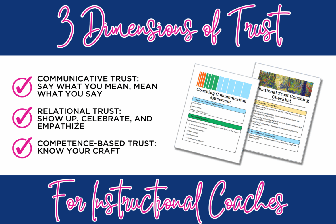Three Dimensions of Trust For Instructional Coaches A graphic titled "3 Dimensions of Trust for Instructional Coaches" featuring bold pink script text, checkmarks beside three types of trust (communicative, relational, and competence-based), and images of a Coaching Communication Agreement and Relational Trust Coaching Checklist.