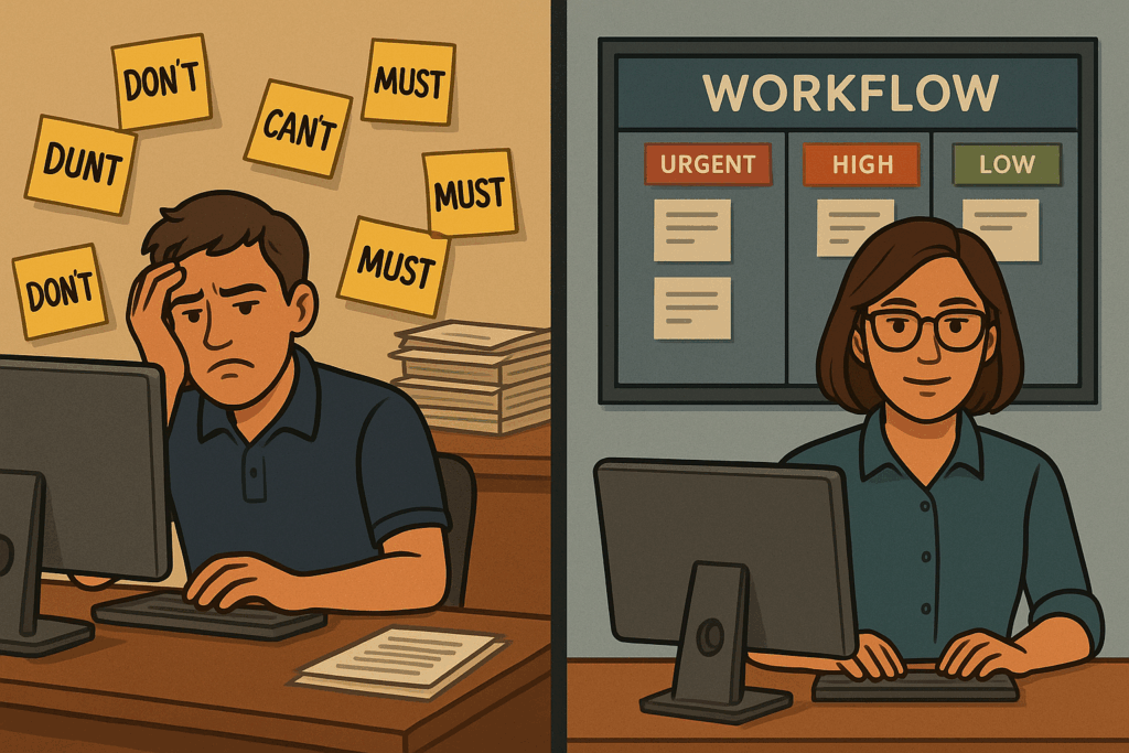 A split-screen illustration shows a stressed man overwhelmed by sticky notes reading "MUST," "CAN'T," and "DON'T" with paper piles behind him, while on the other side, a calm woman works at a tidy desk with a clear workflow board organized by urgency levels