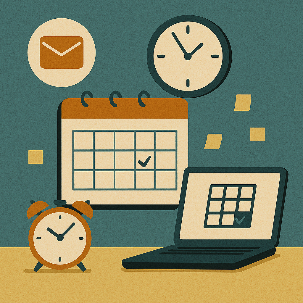 Flat-style illustration featuring a wall clock, desk calendar with a checkmark, an alarm clock, a laptop displaying a digital calendar, a mail icon, and several sticky notes, representing time management and scheduling.