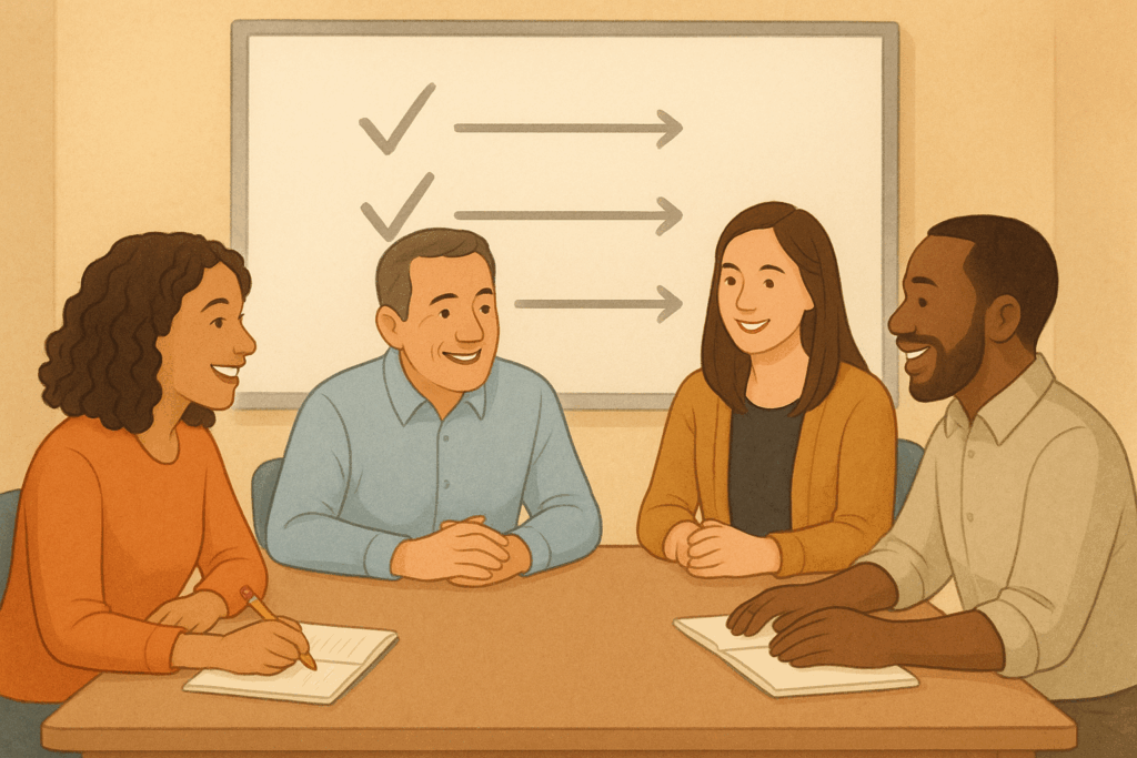 A diverse group of four professionals sit around a table smiling and engaged in discussion, with a whiteboard behind them showing checkmarks and arrows symbolizing progress and task completion.