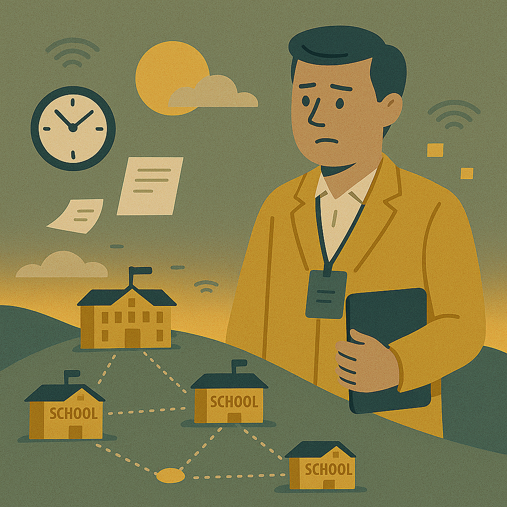 Illustration of a concerned-looking school administrator holding a tablet, standing in front of multiple connected school buildings with floating clocks, papers, and Wi-Fi symbols around them.