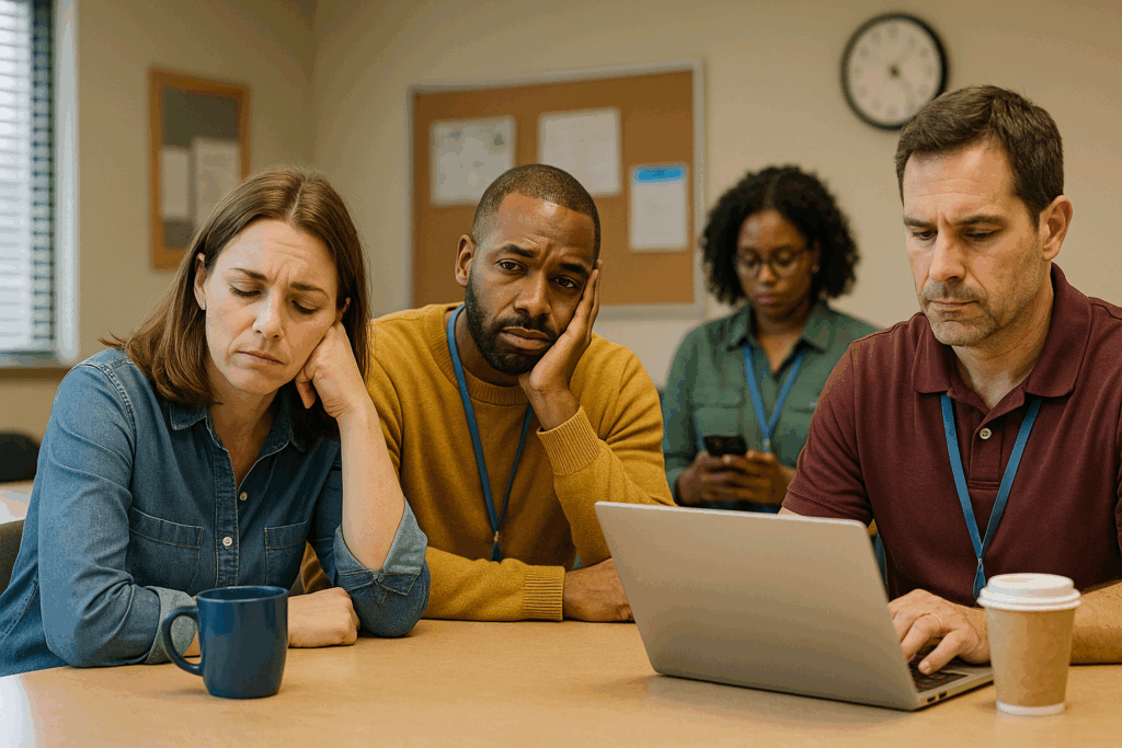 Four office workers sit around a table looking bored and exhausted during a meeting; one woman rests her head on her hand with eyes closed, a man in a yellow sweater leans on his hand with a tired expression, another man stares at a laptop, and a woman in the background looks at her phone.
