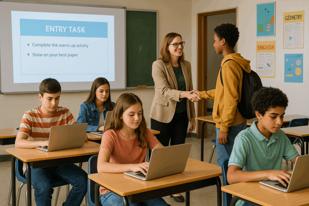 Middle school students using laptops while a teacher greets a student at the classroom door.