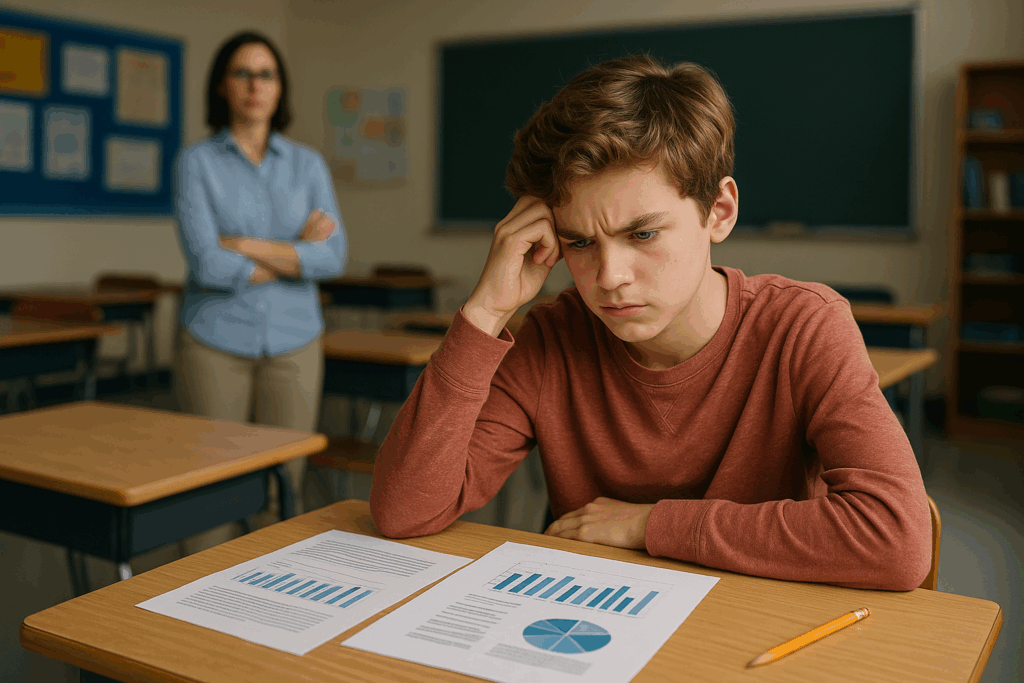 A middle school student sits at a desk, looking confused as he examines printed sheets of graphs and a pie chart, while a teacher stands in the background with arms crossed, observing silently from a distance.