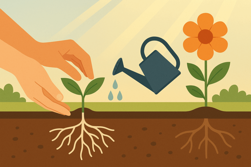 Illustration of hands caring for a young plant with visible roots, a watering can sprinkling water, and a mature flowering plant beside it, all under warm sunlight.