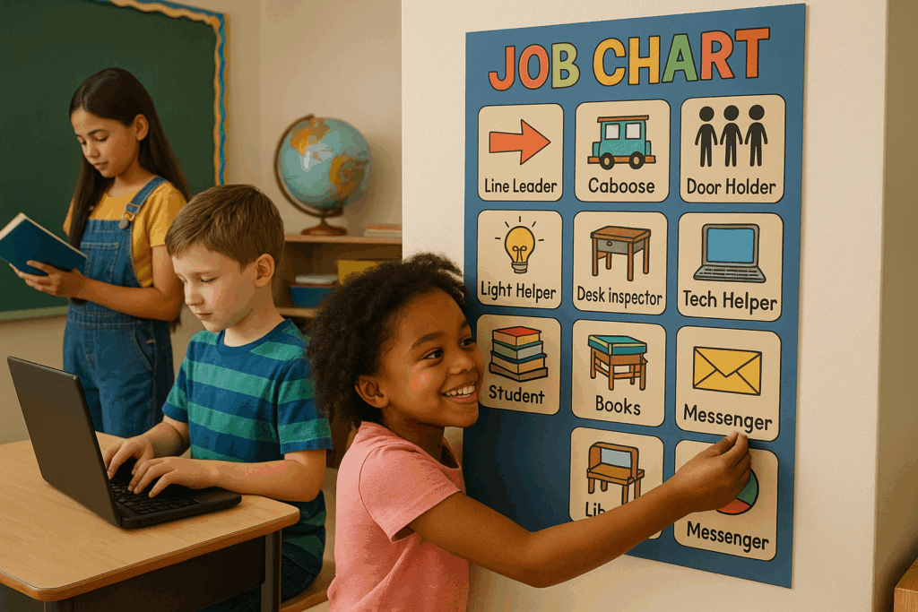 Three elementary students participate in classroom activities. One girl smiles as she points to a colorful job chart on the wall, while a boy types on a laptop and another girl reads a book in the background.