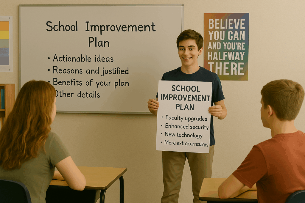 A student stands in front of a classroom holding a poster titled "School Improvement Plan," listing suggestions like faculty upgrades and new technology, while two classmates sit listening.