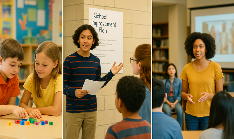 Voices of Change: Empowering Students to Lead Three images side-by-side show students actively engaging in school leadership and learning. On the left, two children collaborate on a colorful block activity. In the center, a student holds a paper and speaks passionately in front of a "School Improvement Plan" poster. On the right, an older student presents confidently in a classroom with a projector screen behind her.