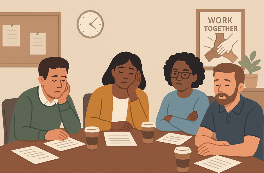 Four exhausted team members sit around a table with papers and coffee cups, all displaying expressions of frustration and fatigue, in an office with a clock and a teamwork poster on the wall.