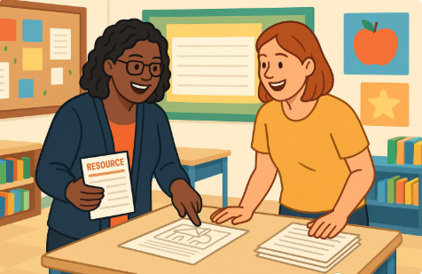 Two women smiling and collaborating in a classroom, with one holding a resource handout and the other leaning over a table with worksheets.