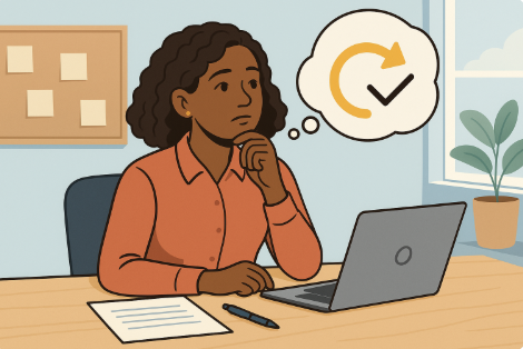 Woman sitting at a desk with a laptop, resting her chin on her hand while thinking. A thought bubble above her shows a circular arrow and a checkmark.