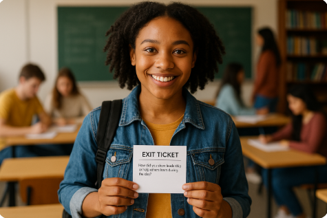 Smiling student holding an exit ticket in a classroom, with classmates working in the background