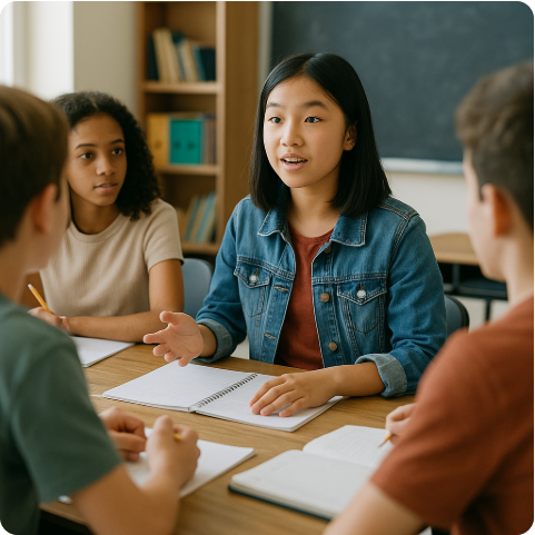 Student in a denim jacket speaking confidently during a group discussion with classmates at a table