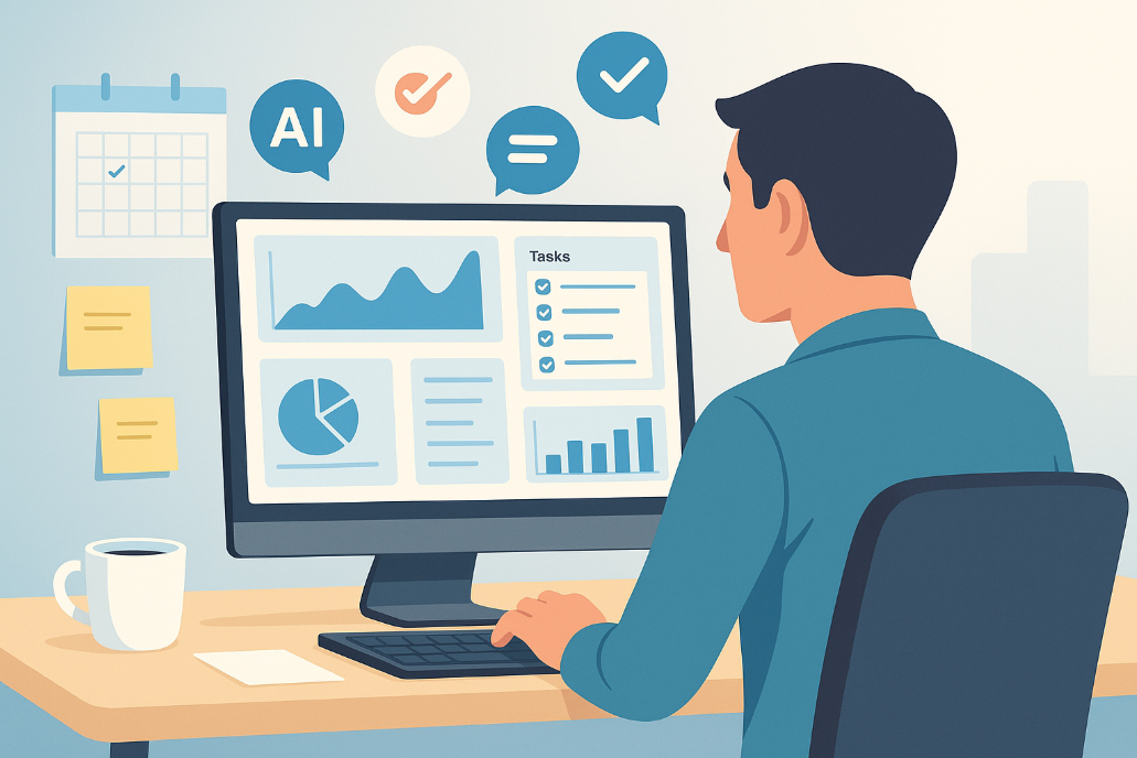 Illustration of a man working at a desk, viewing charts and task lists on a large computer monitor with AI-related icons floating above the screen.