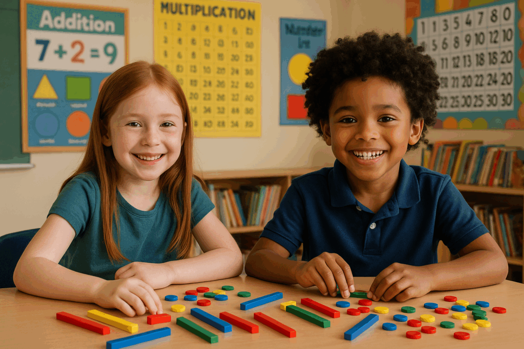 Two smiling young children, a red-haired girl and a boy with curly hair, sit at a classroom table using colorful counting blocks and counters for a math activity. Behind them are educational posters and a bookshelf.