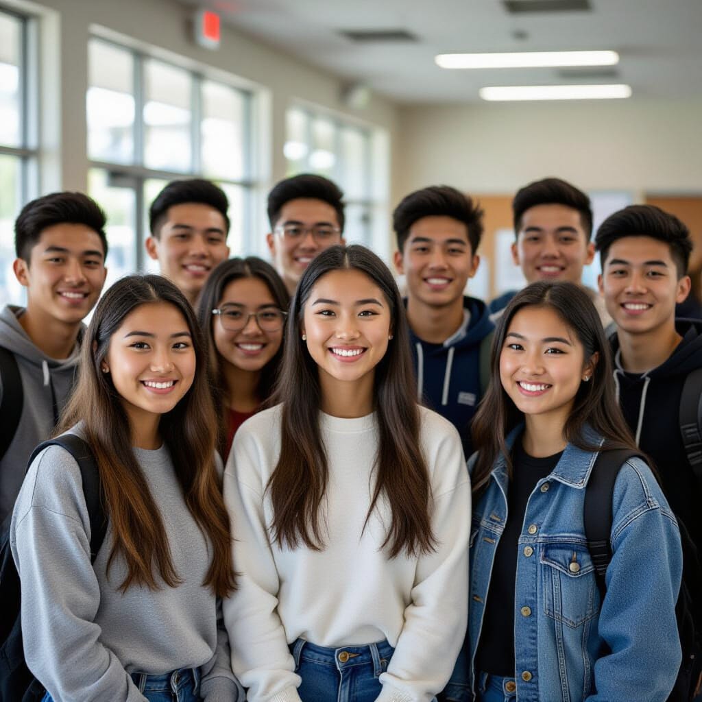 A group of smiling high school students stands together in a bright school hallway, wearing casual clothes and backpacks, projecting a sense of unity and confidence.