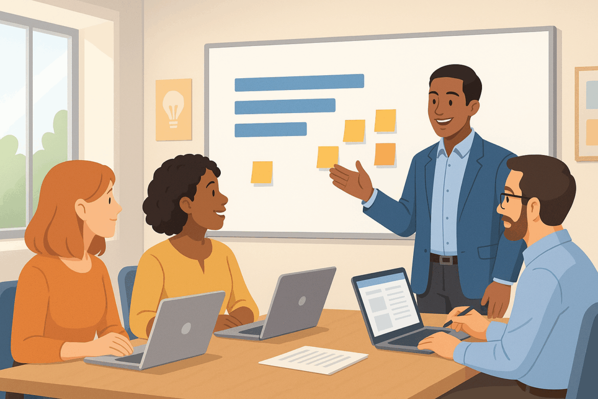 Four professionals in a bright office engaged in a meeting, with one man standing and presenting in front of a whiteboard while the others listen attentively and work on laptops.