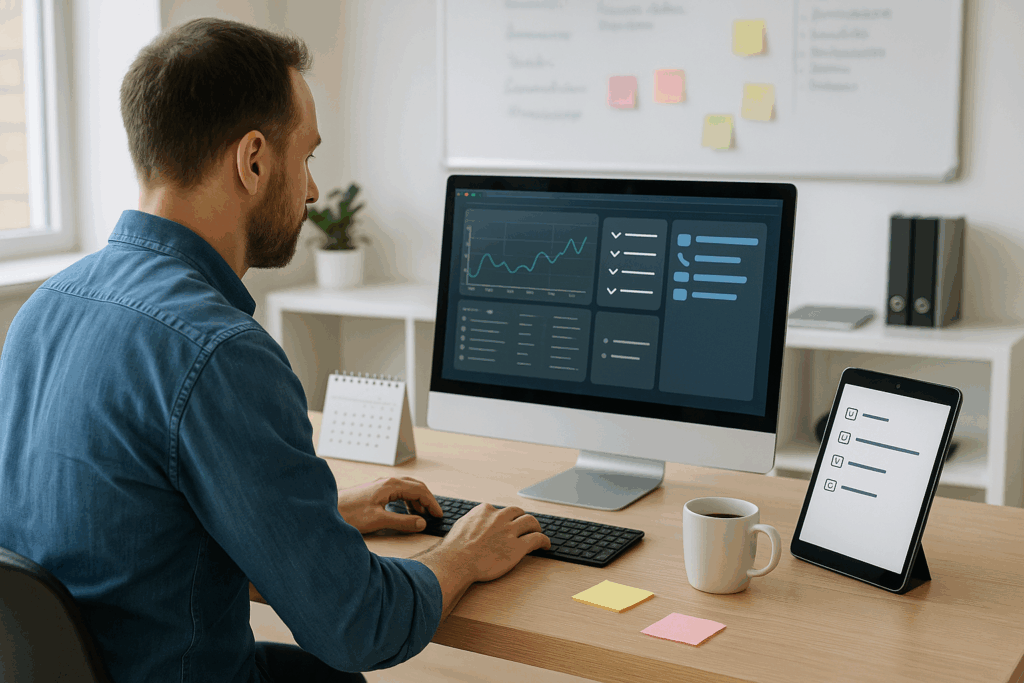 Man in a denim shirt working at a wooden desk with a large monitor displaying data dashboards, alongside a tablet showing a checklist, a coffee mug, sticky notes, and a calendar in a bright office setting.
