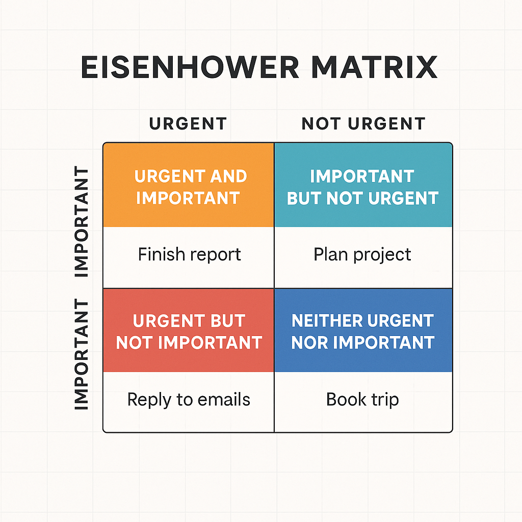 A 2x2 Eisenhower Matrix showing task prioritization: Urgent and Important (Finish report), Important but Not Urgent (Plan project), Urgent but Not Important (Reply to emails), and Neither Urgent nor Important (Book trip).