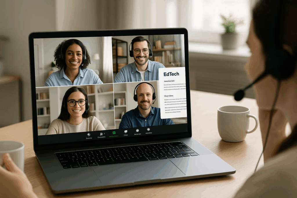 A person wearing a headset joins a virtual video call on a laptop with four other smiling participants, each wearing headsets, as they discuss an EdTech topic.