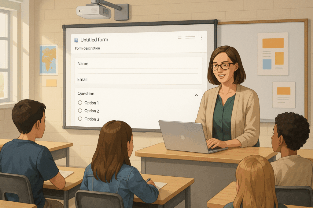 A smiling teacher stands at the front of a classroom using a laptop, with a digital form projected onto a screen behind her. Four students seated at desks face her, engaging with the lesson.