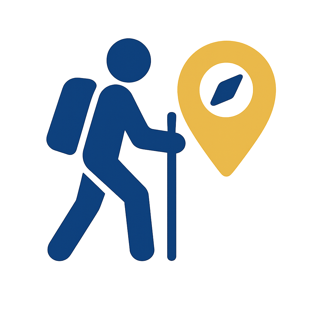 A glowing blue icon of a hiker with a backpack and walking stick, positioned next to a radiant yellow location pin featuring a compass symbol.
