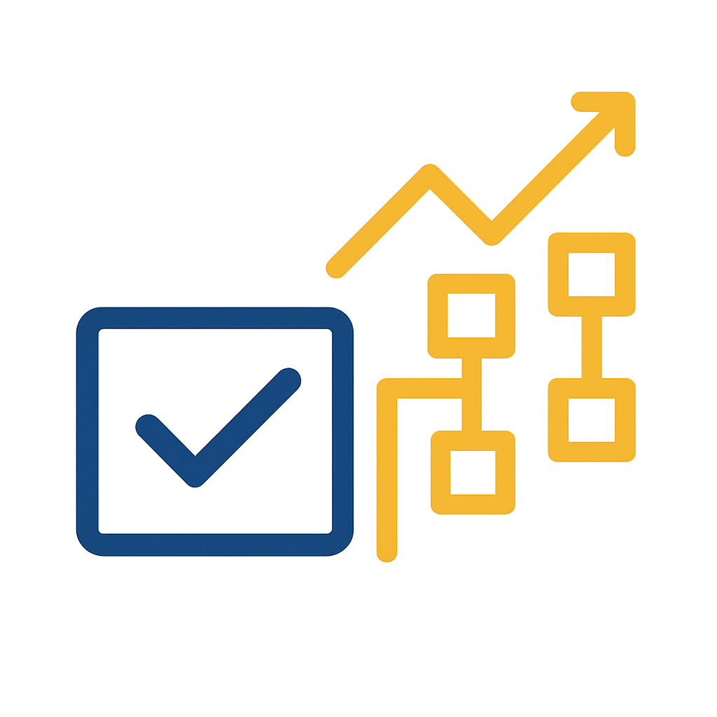 A glowing blue checkmark inside a square next to a bright yellow flowchart and upward arrow symbolizing process and growth.