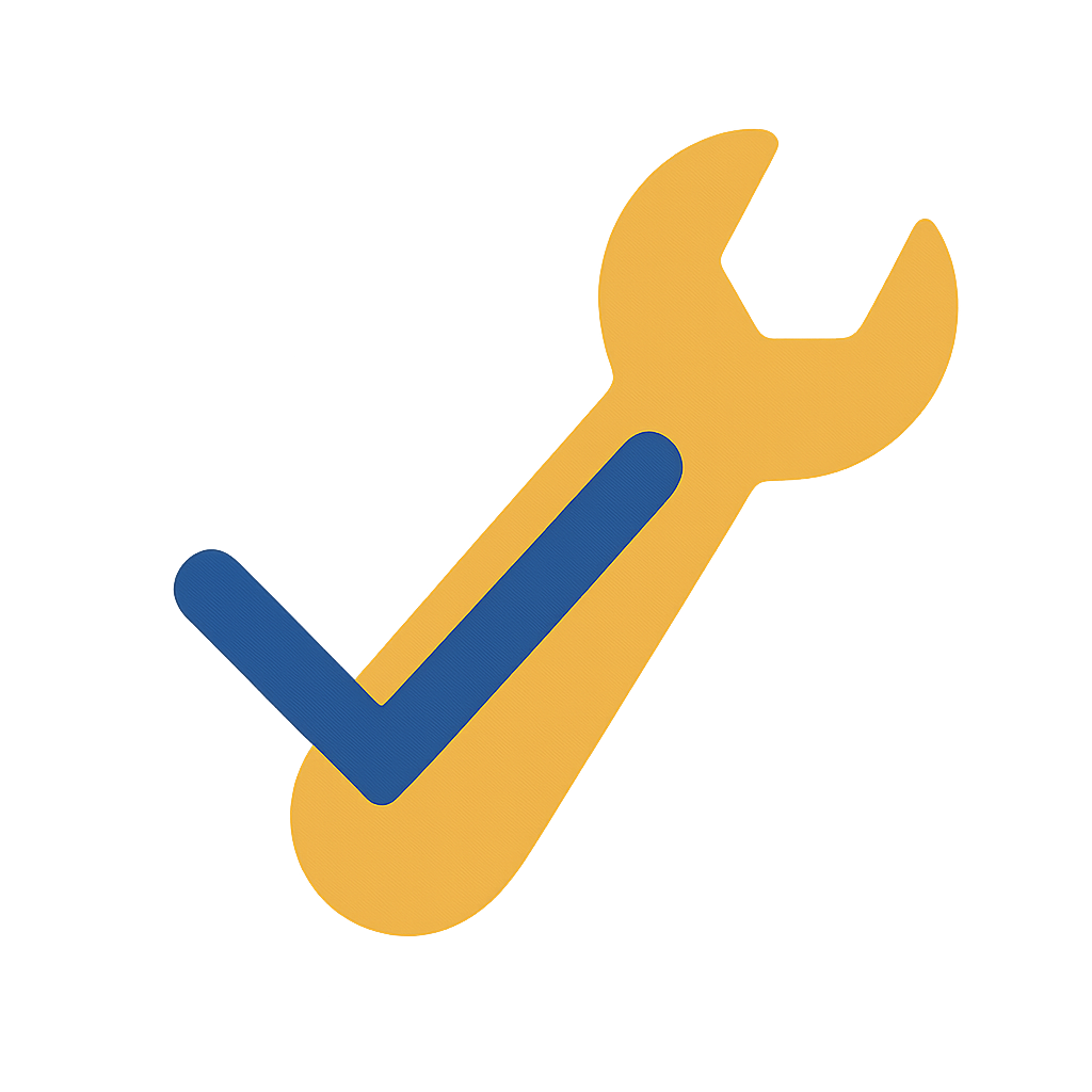 A glowing yellow wrench overlaid with a bold blue checkmark, set against a dark background with warm and cool gradients.