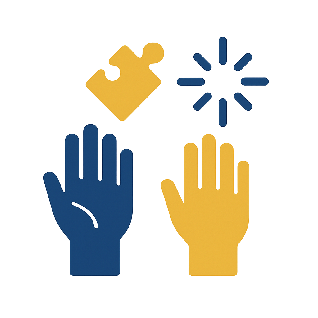 Two stylized hands, one blue and one yellow, positioned below icons of a puzzle piece and a sunburst, all glowing against a dark background.