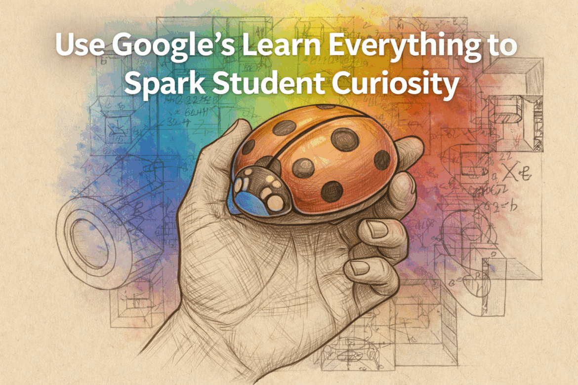 A sketch-style illustration of a hand holding a vibrant orange and black ladybug, with colorful technical diagrams and mathematical formulas in the background. White bold text across the top reads, “Use Google’s Learn Everything to Spark Student Curiosity.”