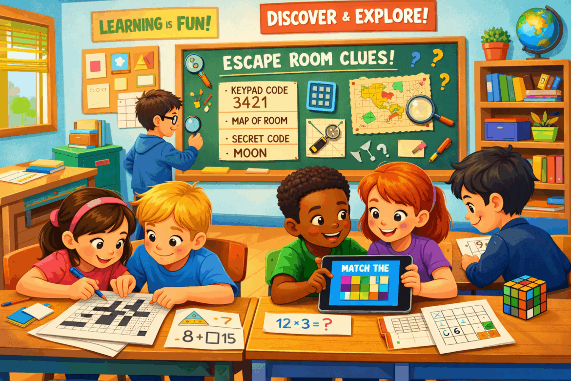 Children engaged in an educational escape room activity in a colorful classroom, solving puzzles, codes, and logic games with enthusiastic expressions