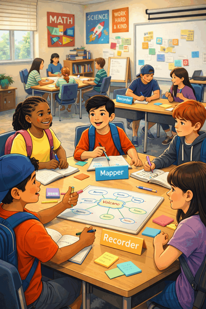 Elementary school students work together in small groups on a volcano-themed science project, using colorful charts, notebooks, and labeled roles like "Mapper" and "Recorder" in a bright, engaging classroom.