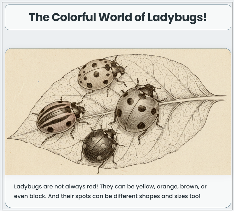 Illustration of four differently colored ladybugs—striped, spotted, and solid—resting on a detailed leaf, showcasing the diversity in ladybug patterns and hues.