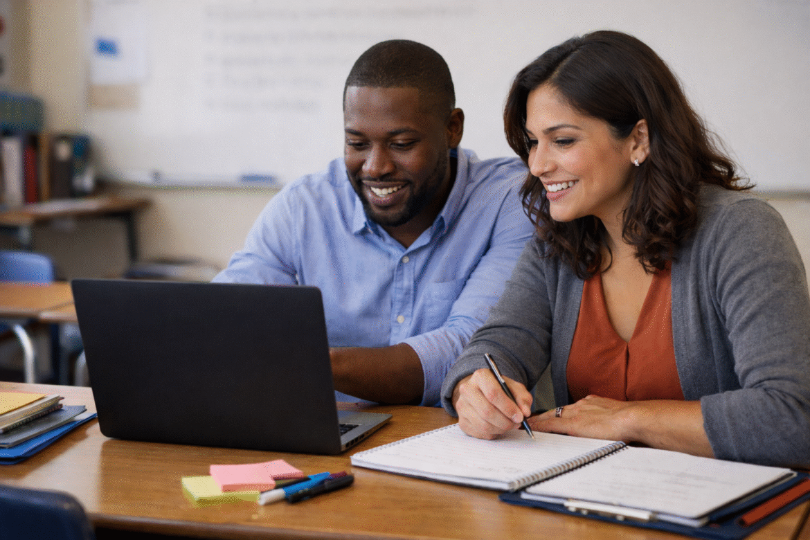 Two colleagues sitting at a table, smiling as they look at a laptop together while one writes notes in a notebook, with sticky notes and folders spread out on the desk.