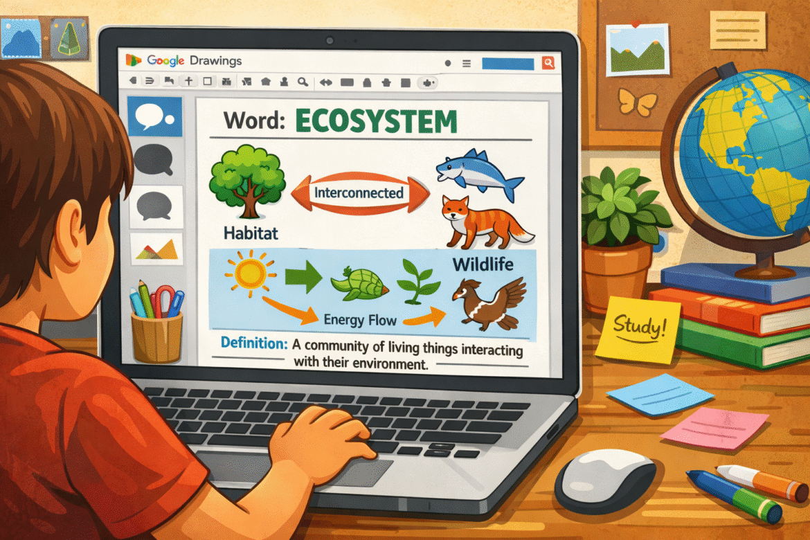 Illustrated student working on a vocabulary visual for the word "ecosystem" in Google Drawings on a laptop, surrounded by educational desk items like books, globe, and stationery.