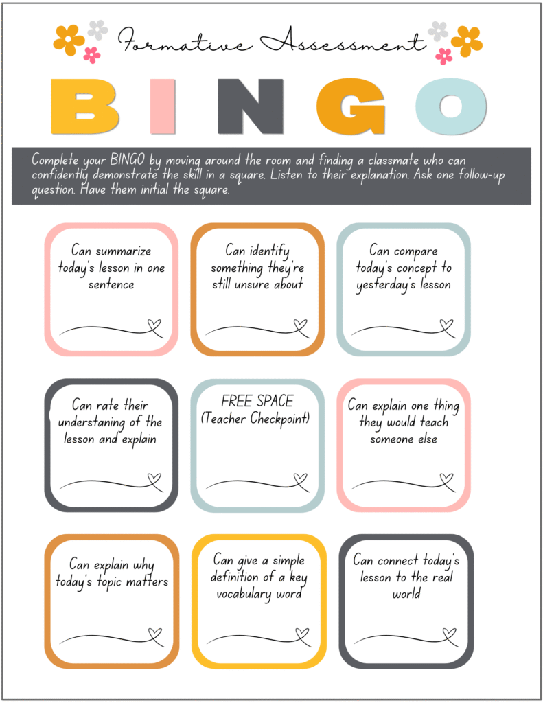 Colorful formative assessment bingo board with nine rounded squares featuring reflection prompts such as summarizing the lesson, defining vocabulary, and connecting learning to the real world