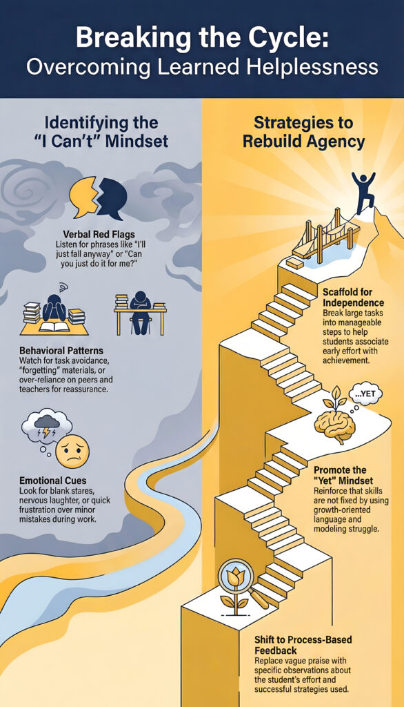 Infographic split into two halves showing how to identify and overcome learned helplessness, with the left side illustrating emotional and behavioral warning signs in gray tones and the right side showing a staircase of strategies leading upward in warm yellow tones.