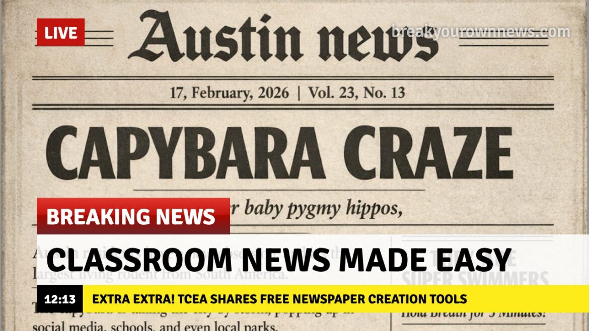 Vintage newspaper graphic with “Capybara Craze” headline and bold overlay text promoting TCEA free newspaper creation tools.
