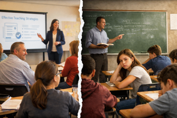 Split-screen image showing a vibrant teacher training session on the left with smiling adult learners and a confident presenter, contrasted with a traditional, somber classroom on the right where a disengaged teenage student looks bored as the teacher lectures at the chalkboard.