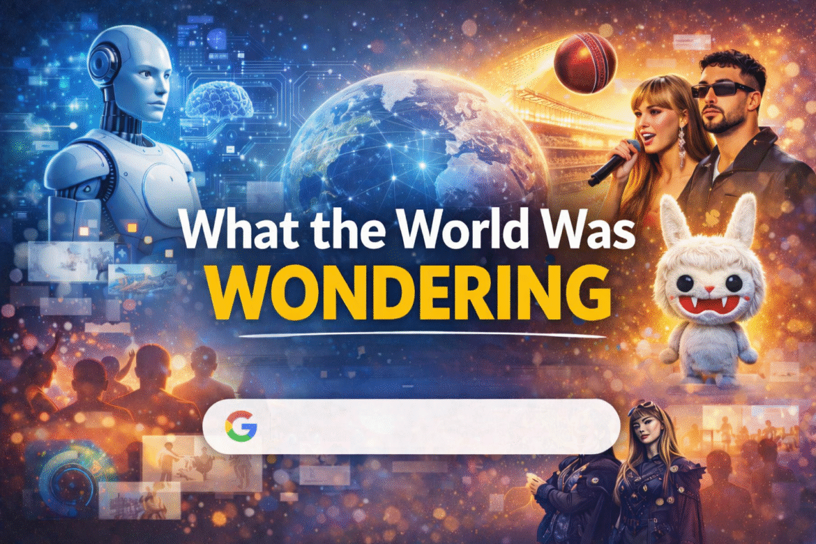 Digital illustration of a glowing Earth between a futuristic robot and two singers, with the headline “What the World Was Wondering” and an empty Google-style search bar below.